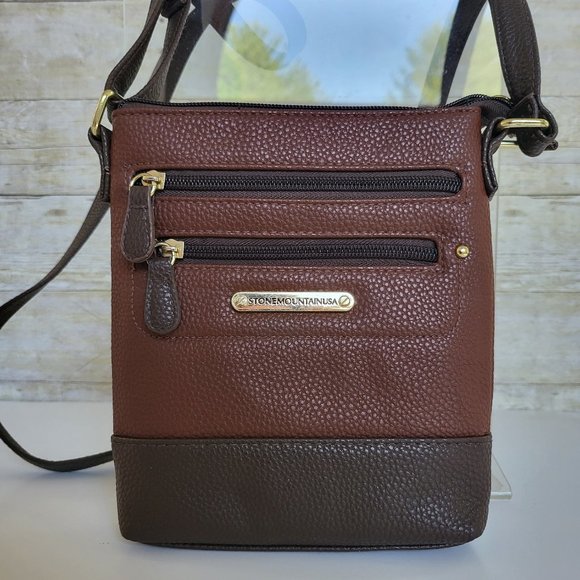 Stone Mountain USA Two Tone Brown Leather Crossover Purse - Picture 1 of 8